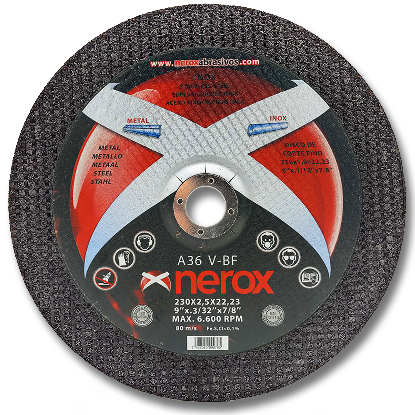 DISCO DE CORTE  ( NEROX )  A36 V-BF               230x2.5x22,2   INOX / METAL. ( Cóncavo ) ( caja 20 uds )