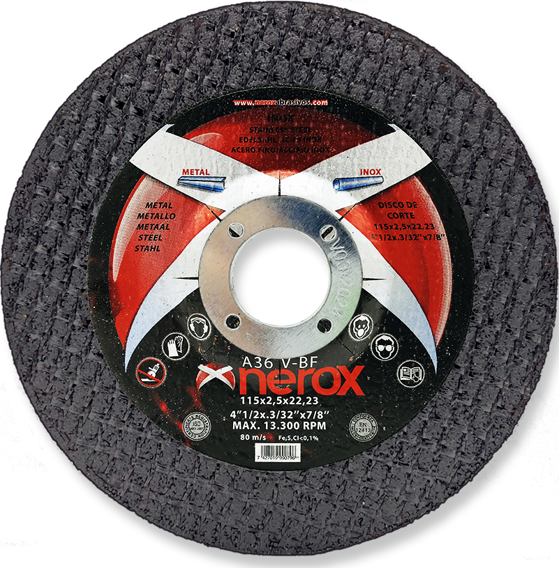 DISCO DE CORTE  ( NEROX )  A36 V-BF  INOX / METAL.  115x2.5x22,2 ( caja 50 uds )