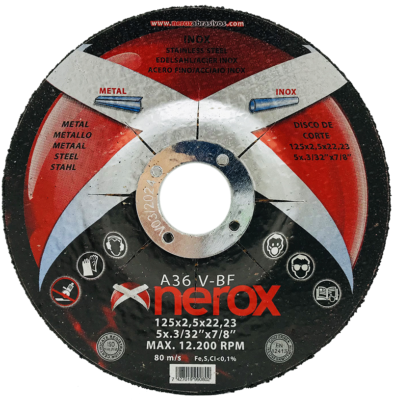 DISCO DE CORTE  ( NEROX )  A36 V-BF  INOX / METAL.  125x2.5x22,2 ( caja 50 uds )