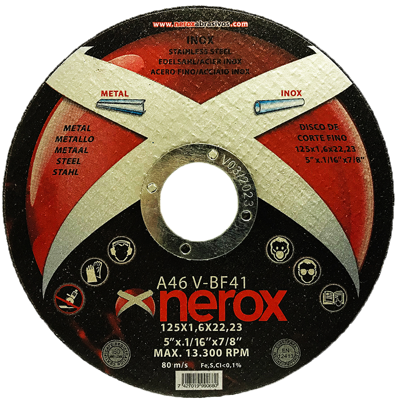 DISCO DE CORTE FINO  ( NEROX )  A46 V-BF  INOX / METAL.  125x1.6x22,2 ( caja 50 uds )