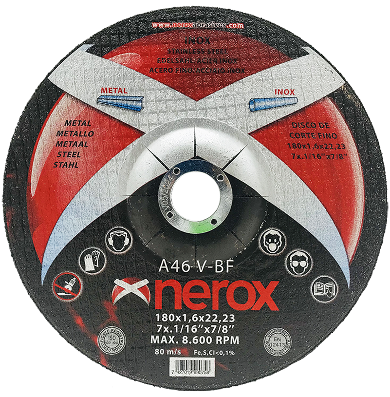 DISCO DE CORTE FINO  ( NEROX )  A46 V-BF  INOX / METAL.  180x1.6x22,2 ( caja 50 uds )