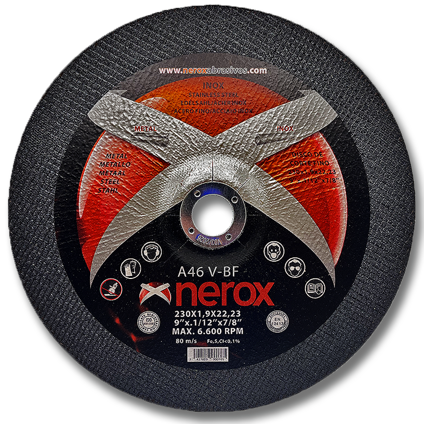 DISCO DE CORTE FINO  ( NEROX )  A46 V-BF  INOX / METAL.  230x1.9x22,2    ( Cóncavo ) ( caja 25 uds )