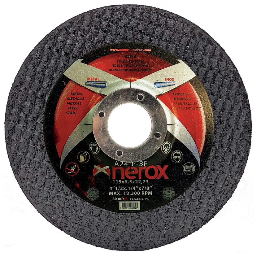 DISCO PARA DESBASTE  ( NEROX )  A24 P-BF  INOX / METAL.  115x6.5x22,2   ( Disco blando ) ( caja 25 uds )