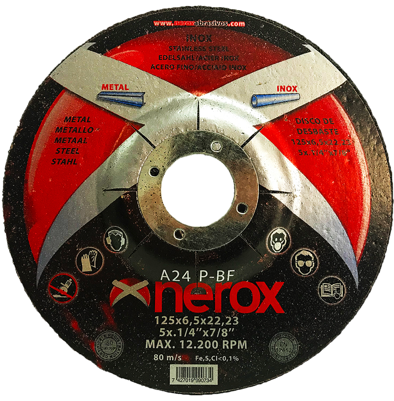 DISCO PARA DESBASTE  ( NEROX )  A24 P-BF  INOX / METAL.  125x6.5x22,2   ( Disco blando ) ( caja 25 uds )