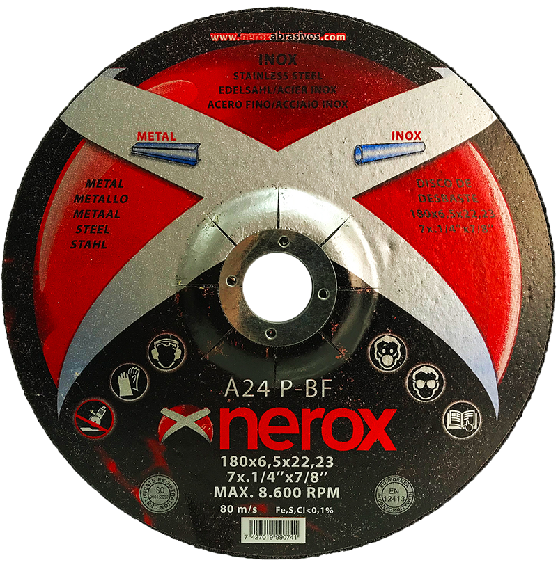 DISCO PARA DESBASTE  ( NEROX )  A24 P-BF  INOX / METAL.  180x6.5x22,2   ( Disco blando ) ( caja 25 uds )
