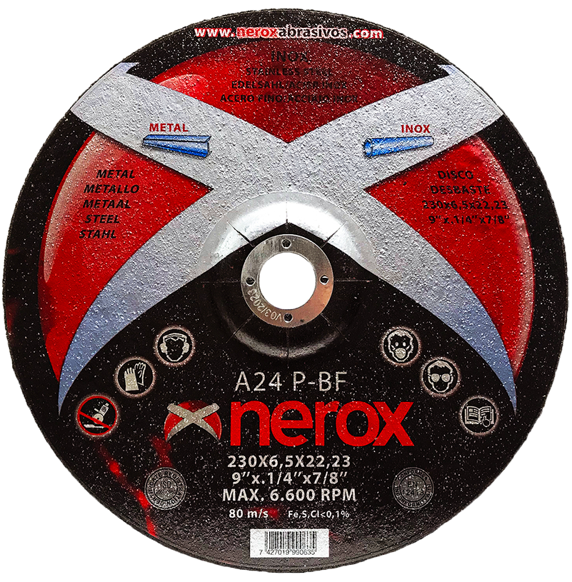 DISCO PARA DESBASTE  ( NEROX )  A24 P-BF  INOX / METAL.  230x6.5x22,2   ( Disco blando ) ( caja 25 uds )