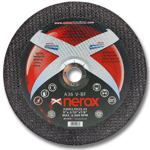 [NR-230X2.5X22,2-INOX] DISCO DE CORTE  ( NEROX )  A36 V-BF               230x2.5x22,2   INOX / METAL. ( Cóncavo ) ( caja 20 uds )