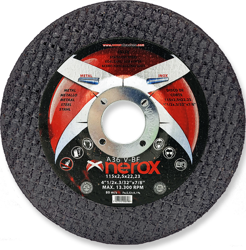 [NR-115X2.5X22,2-INOX] DISCO DE CORTE  ( NEROX )  A36 V-BF  INOX / METAL.  115x2.5x22,2 ( caja 50 uds )