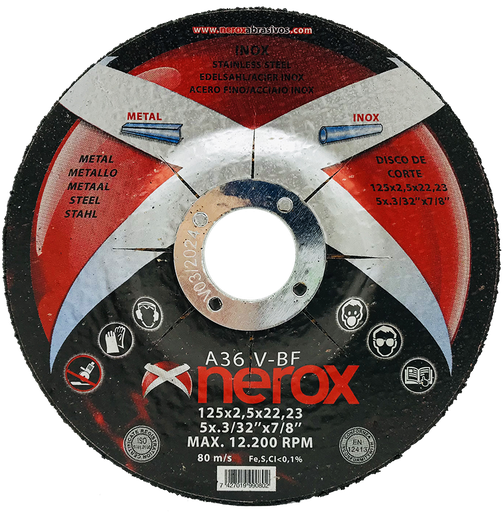 [NR-125X2.5X22,2-INOX] DISCO DE CORTE  ( NEROX )  A36 V-BF  INOX / METAL.  125x2.5x22,2 ( caja 50 uds )