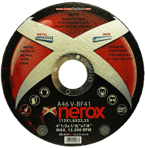 [NR-115X1.6X22,2-INOX] DISCO DE CORTE FINO  ( NEROX )  A46 V-BF  INOX / METAL.  115x1.6x22,2 ( caja 50 uds )