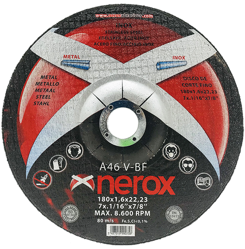 [NR-180X1.6X22,2-INOX] DISCO DE CORTE FINO  ( NEROX )  A46 V-BF  INOX / METAL.  180x1.6x22,2 ( caja 50 uds )