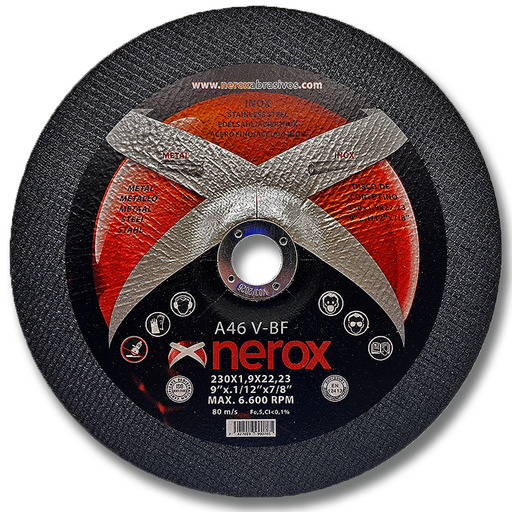 [NR-230X1.9X22,2-INOX] DISCO DE CORTE FINO  ( NEROX )  A46 V-BF  INOX / METAL.  230x1.9x22,2    ( Cóncavo ) ( caja 25 uds )