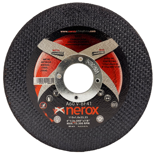 [NR-115X1.0X22,2-INOX] DISCO DE CORTE FINO  ( NEROX )  A60 V-BF  INOX / METAL.  115x1.0x22,2 ( caja 50 uds )