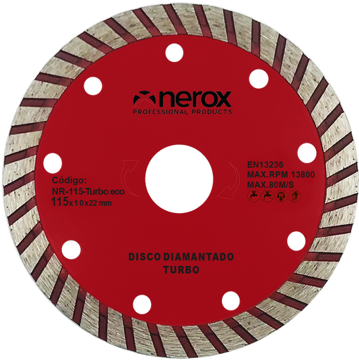 [NR-115-TURBO-ECO] DISCO DIAMANTE  TURBO - ECO  ( NEROX ) 115x10x22  Segmento 10  ( general obra )