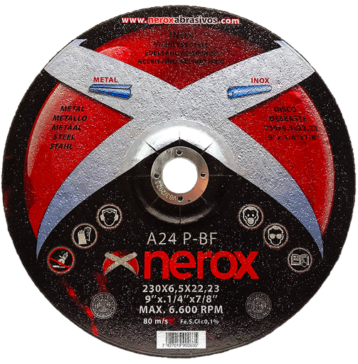 [NR-230X6.5X22.2-INOX] DISCO PARA DESBASTE  ( NEROX )  A24 P-BF  INOX / METAL.  230x6.5x22,2   ( Disco blando ) ( caja 25 uds )
